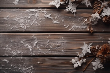 Winter Christmas snowy frame with copy space. Wooden light boards are covered with snow with clean free empty space for text. AI generative