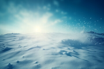 Obraz premium Winter snow background with snowdrifts, beautiful light and falling flakes of snow on blue sky, drifting snow. AI generative