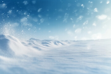 Winter snow background with snowdrifts, beautiful light and falling flakes of snow on blue sky, drifting snow. AI generative