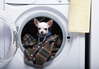 A small white chihuahua dog looks out of the open hatch while sitting in a washing machine among a pile of colorful laundry, looking warily at the camera. The dog is dressed in warm clothes.