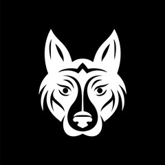 White dog head design with tribal face logo on black background. Mystic symbolism style on black
