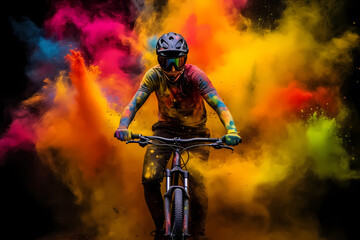 Bicyclist Riding Through Colored Powder Explosion (Generative AI)