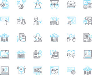 Economic policy linear icons set. Inflation, Deflation, Budget, Fiscal, Mtary, Interest, Taxation line vector and concept signs. Subsidy,Trade,Tariffs outline illustrations Generative AI