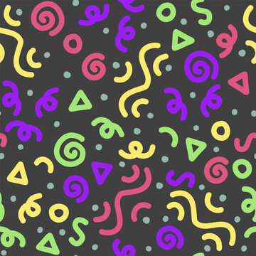 Cute colourful line squiggle doodle seamless pattern, abstract vector illustration