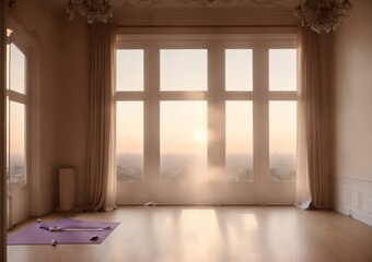 Vista del atardecer desde el interior de una sala de Yoga. Generado por AI generativa y retoque manual.