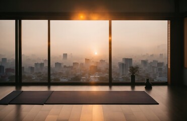 Vista del atardecer desde el interior de una sala de Yoga. Generado por AI generativa y retoque manual.