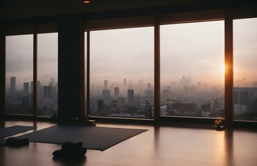 Vista del atardecer desde el interior de una sala de Yoga. Generado por AI generativa y retoque manual.