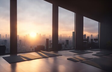 Vista del atardecer desde el interior de una sala de Yoga. Generado por AI generativa y retoque manual.