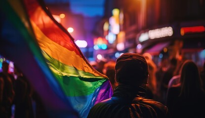 An pride flag in an evening crowd of bright lights in the city. homosexual themes, selective focus. Generative AI