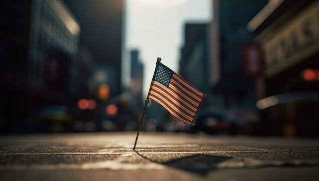 The american flag is flying in the city bokeh effect background. Generative AI