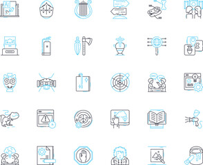 Exhibit linear icons set. Display, Showcase, Presentation, Exhibition, Show, Gallery, Art line vector and concept signs. Museum,Visual,Interactive outline illustrations Generative AI