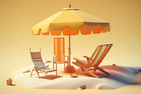 Sun lounger and umbrella in a sunny beach, 3D Render. Generative AI