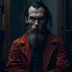 Obraz premium Portrait of a man, similar to the Russian writer, thinker, philosopher Fyodor Mikhailovich Dostoevsky. The illustration was created using artificial intelligence, a neural network. Photo painting.