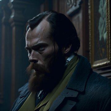Portrait of a man, similar to the Russian writer, thinker, philosopher Fyodor Mikhailovich Dostoevsky. The illustration was created using artificial intelligence, a neural network. Photo painting.