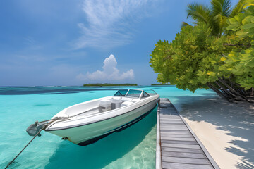 Fototapeta na wymiar White Boat at pier with palm trees, Maldives island 