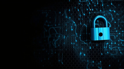 Data mesh security lock in blue and black with binary background