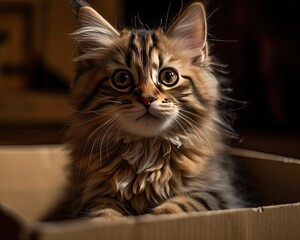 Adorable Kitten Sitting in a Colorful Cardboard Box, Pet Photography, AI Generated