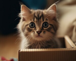 Adorable Kitten Sitting in a Colorful Cardboard Box, Pet Photography, AI Generated