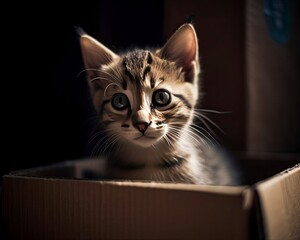 Adorable Kitten Sitting in a Colorful Cardboard Box, Pet Photography, AI Generated