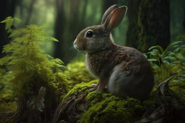 Fototapeta premium Generative AI, young gray rabbit in the spring in the forest. Animal illustration.