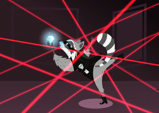Mapache ladron robando un diamante en el museo, estilo cartoon