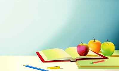 Cartoon Illustration Apple With Books Education Background Generative AI