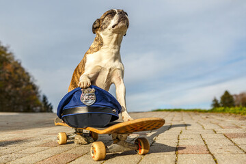 Portrait of a female boston terrier crossbreed dog posing next to a police hat on a skateboard in...