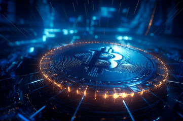 Bitcoin icon blockchain crypto currency digital encryption, technology global network connections background concept. AI Generated