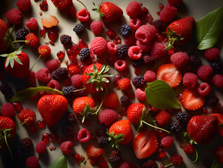 fresh mature rasberries, strawberries, cherries, overhead view