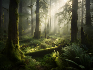 A serene, misty forest with towering trees covered in thick green moss