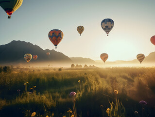 Colorful Hot Air Balloons, Side View, Floating in the Sky