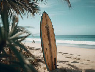 Wooden Surfboard, Back View, Leaning on Palm Tree