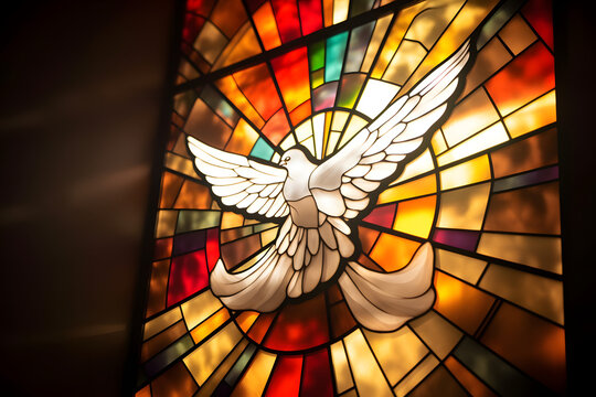 stained glass window with dove shape, Pentecost