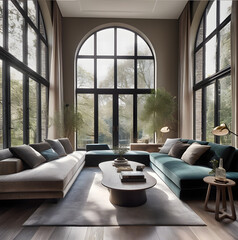 Photography of living room with high windows and sofa 