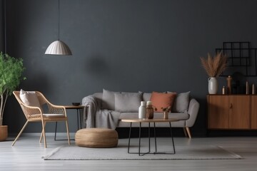interior background sofa cosy lamp concrete scandinavian living home decoration concrete wall. Generative AI.