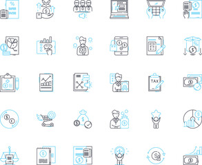 Fototapeta premium Business examination linear icons set. Analysis, Evaluation, Assessment, Audit, Diagnosis, Inspection, Inquiry line vector and concept signs. Scrutiny,Review,Appraisal outline Generative AI