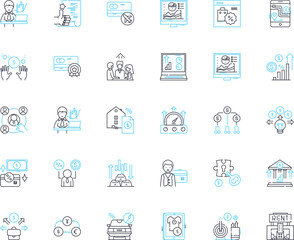 Budgetary revenue linear icons set. Income, Taxation, Fiscal, Revenue, Earnings, Funds, Monies line vector and concept signs. Receipts,Profits,Resources outline illustrations