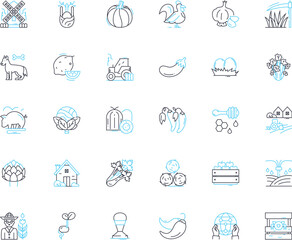 Agribusiness market linear icons set. Harvest, Irrigation, Fertilizer, Livestock, Agronomy, Produce, Pesticides line vector and concept signs. Sustainability,Cultivation,Seeds outline illustrations