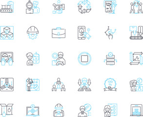 Brand management linear icons set. Strategy, Branding, Identity, Marketing, Reputation, Communication, Positioning line vector and concept signs. Equity,Loyalty,Awareness outline illustrations