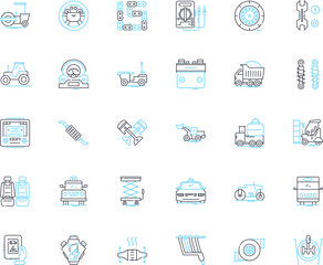 Automotive accessories linear icons set. Spoiler, Interior, Decal, Roof rack, Floor mats, Mud flaps, Seat covers line vector and concept signs. Hitch,Chrome,Hood outline illustrations