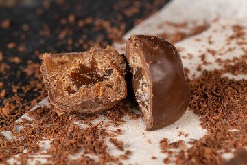 sweet chocolates with soft filling, chocolate pieces