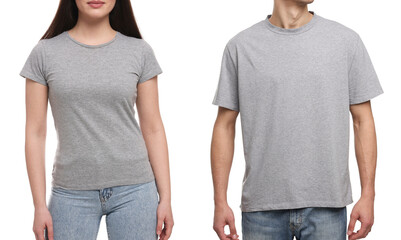 People wearing grey t-shirts on white background, closeup. Mockup for design