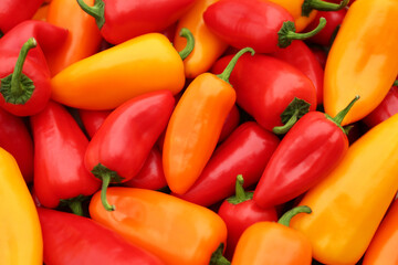 Yellow and red hot chili peppers as background, closeup