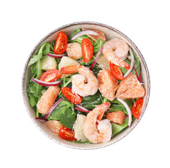 Delicious pomelo salad with shrimps and tomatoes isolated on white, top view