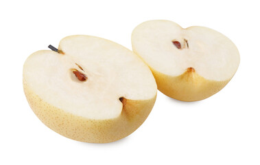 Halves of fresh apple pear isolated on white