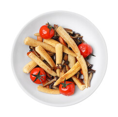 Tasty roasted baby corn with tomatoes and mushrooms isolated on white, top view