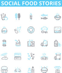 Social food stories vector line icons set. Social, Food, Stories, Sharing, Networking, Connecting, Recipe illustration outline concept symbols and signs
