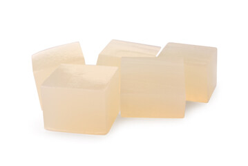 Many agar-agar jelly cubes on white background