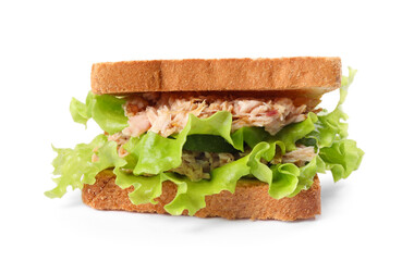 Delicious sandwich with tuna, lettuce leaves and cucumber on white background