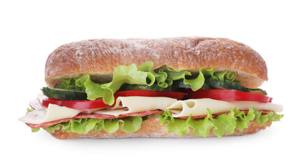 Delicious sandwich with fresh vegetables, cheese and salami isolated on white